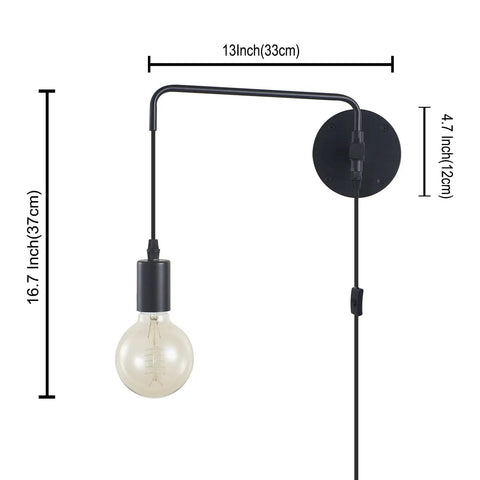 Set Of 2 Plug In Wall Sconces In Metal Black With Swing Arm And On Off Switch Cozy Vintage Industrial Wall Lighting, dimensions shown