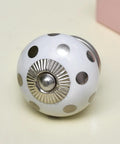 Premium Ceramic Dot Cabinet Knobs 50 Piece Set Top Shelf Silver Finish Rust Free Hardware For Kitchen Drawers Dressers Doors Easy Install Straight Fire Home Upgrade, close-up view of a white knob with silver dots.