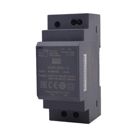 Ultra Slim Din Rail Power Supply 12 Volt 2.5 Amp 30 Watt compact unit for tight panels, featuring adjustable voltage and wide input.