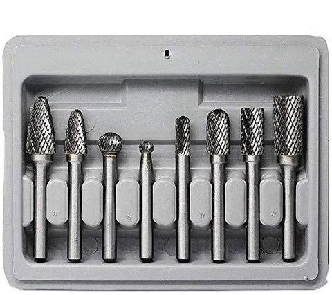 Front view of eight carbide burrs with 1/4 in shanks in a gray plastic case; double-cut bits for die grinder.
