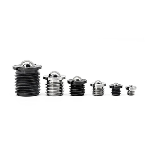 Built Tough M12 Push On Spring Indexing Plungers featuring rock solid stainless steel ball heads in varying sizes.