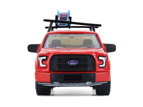 Front view of Ford F 150 Diecast Model One Sixty Four Ladder Rack Pickup Red With Black Stripes Farm Series Limited Edition True To Scale