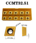 20-pack CCMT carbide turning inserts in yellow storage tray; CCMT09T304/CCMT32.51 sizes for CNC lathe.