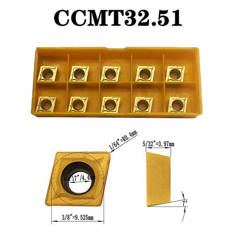 20-pack CCMT carbide turning inserts in yellow storage tray; CCMT09T304/CCMT32.51 sizes for CNC lathe.