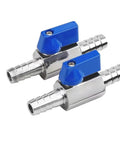 Two blue-lever stainless steel ball valves with 3/8-inch hose barb fittings (pack of 2)