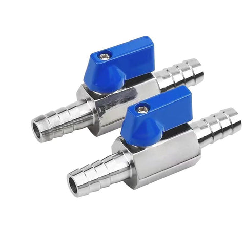 Two blue-lever stainless steel ball valves with 3/8-inch hose barb fittings (pack of 2)