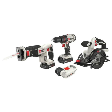 Hardcore 20 Volt Max Cordless Power Tool Combo Kit Four Piece Set with circular saw, drill driver, and batteries.
