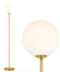 Luna LED Floor Lamp Dope Modern Tall Light For Living Rooms And Home Offices With Frosted Glass Globe Mid Century Style Standing Lamp In Brass Gold Finish Perfect For Reading In The Bedroom And Cozy Vibes, featuring frosted glass globe and brass finish close-up.
