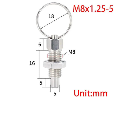 Rugged Stainless Steel Indexing Plunger With Smooth Grip Ring Handle And Retractable Pin detailed dimensions and design.