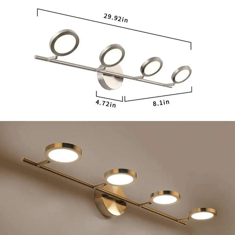LED Bathroom Vanity Light Fixture With 4 Adjustable Swing Arm Heads 20W 4000K Daylight Nickel Finish, displayed on wall.