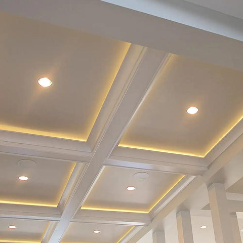 Ceiling with installed PAR38 LED Flood Light Bulbs 3000K Warm White, 1275 Lumens, 15W 100W Equivalent, showcasing indoor lighting