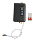 Bulletproof 3000W Tankless Water Heater With LCD Screen showing digital display and wiring for RV and Kitchen installation.