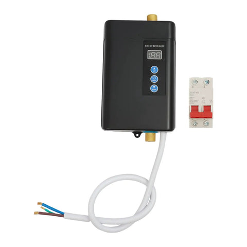 Bulletproof 3000W Tankless Water Heater With LCD Screen showing digital display and wiring for RV and Kitchen installation.