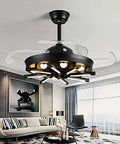 Dreamy Nordic 42 Inch Ceiling Fan Light With Ultra Silent Brushless Motor And Dazzling Led Glow in stylish living room with retractable black blades.
