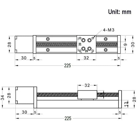 Technical drawing of 150mm Travel Mini Linear Rail Guide with Lead Screw T6x1 and NEMA11 Stepper Motor