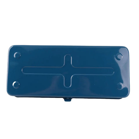 Heavy Duty Iron Toolbox With Extended Telescopic Handle Built Tough For Working Crews And Weekend Home Repair Tasks Blue Metallic Storage Container top view showing smooth blue metallic finish.