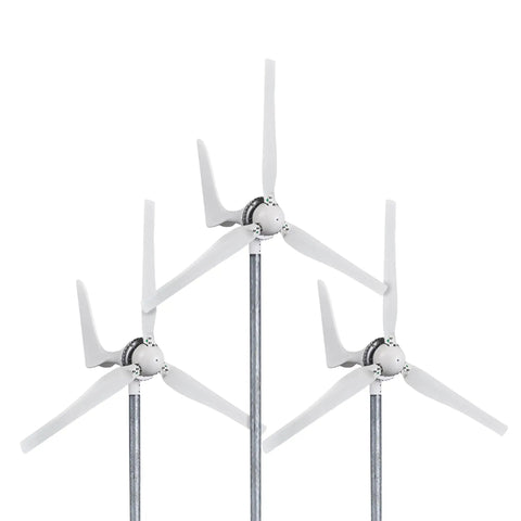 Three white turbines from 1500W Wind Turbine Kit With 48V System, 60A Controller, MPPT App Control, Auto and Manual Braking, Spare Blades.