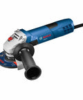 Powerful 7.5 Amp 11000 RPM Four And One Half Inch Angle Grinder with slim grip, durable carbon brushes, black dual position handle.
