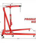 Heavy Duty Hydraulic Engine Hoist Crane With Wheels For Auto Repair Shops dimensions shown in red color scheme.