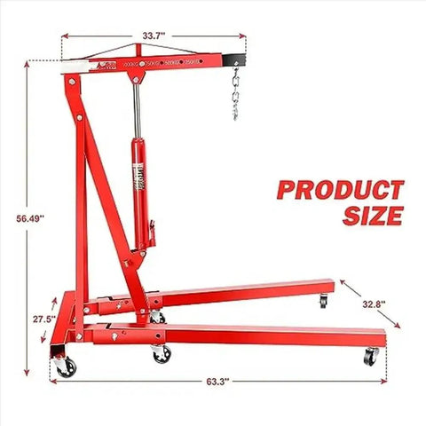 Professional Grade Foldable Hydraulic Engine Hoist Shop Crane With Durable Rollers For Fast Garage Fixes dimensions showing height and width.