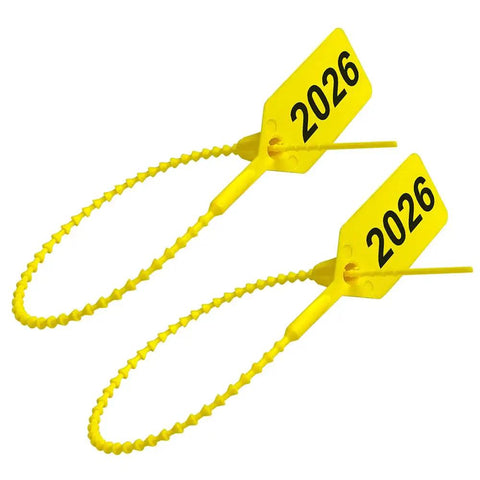 Heavy Duty 2026 Dated Fire Extinguisher Tamper Seals Yellow Zip Ties 9 Inch shown with locking heads and durable ties.