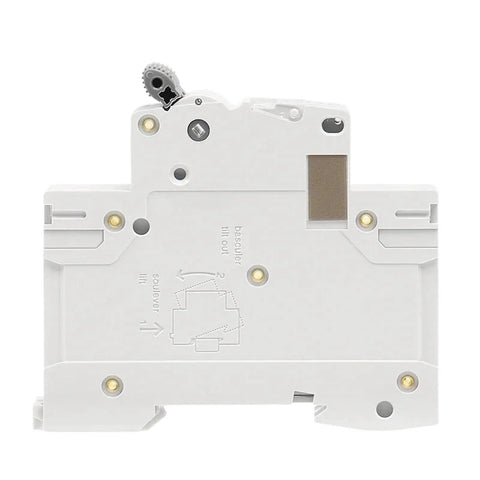 Two Pole 6kA Breaking Capacity MCB DIN Rail Mini Circuit Breaker 6A To 63A AC Type Factory Direct Manufacturer 50A With Dual Protection Against Short Circuit And Overload Snap On Mount For Fast Easy Control Panel Installation Industrial Grade, rear view