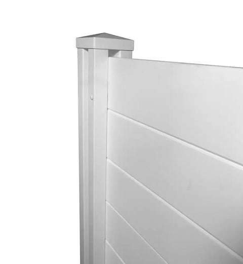 Close-up side view of Premium White Vinyl Privacy Screen Panels 4ft High By 4ft Wide showing smooth white surface and post detail.