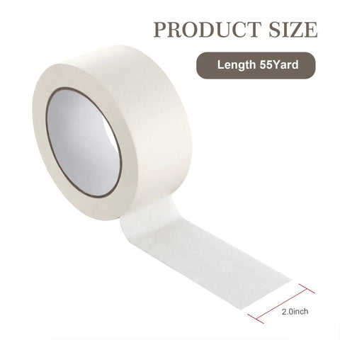 Wide General Purpose Masking Tape 2 Inch 55 Yard Beige White Painter Tape shown with product size label, length 55 yards.