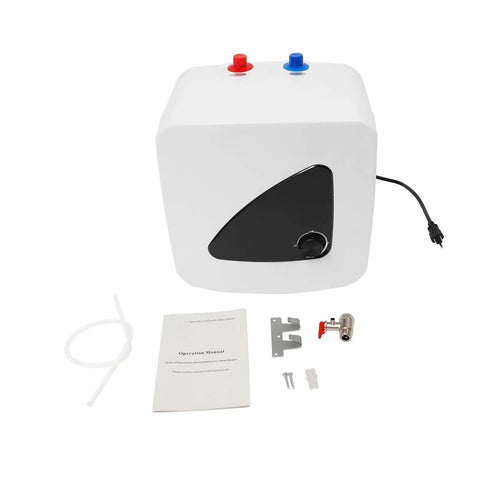 Top Pick 3.96 Gallon Mini Tank Electric Water Heater Packed With 1500 Watt 110 Volt Muscle Heats Up Water Snappy showing unit with accessories and manual.