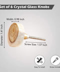 Set Of 6 Crystal Glass Knobs shown with measurements and installation details.
