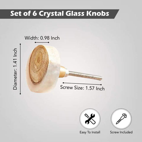 Set Of 6 Crystal Glass Knobs shown with measurements and installation details.