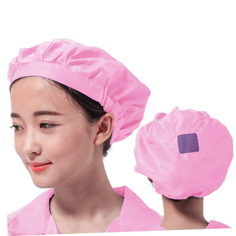 Solid 4 Pack Fresh Pink Anti Static Workshop Hats Hella Breathable Mesh Caps worn by a woman, showing front and back views.