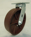 Heavy Duty Eight Inch Swivel Caster With Kingpinless Ductile Steel Wheel; brown ductile steel wheel with swivel mount.