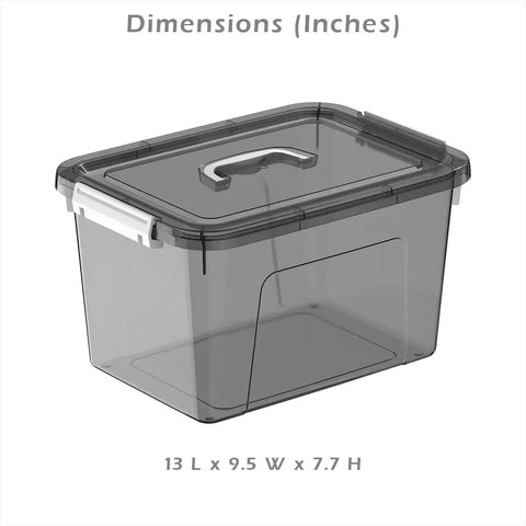 Side view of Six Pack Stackable Black Plastic Storage Bins With Lids 12 Quart Each Modular Organizer Boxes With Secure Latches