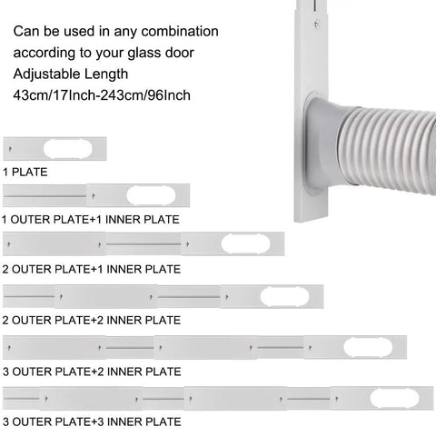 Portable AC Window Vent Kit With 5.9 Inch Exhaust Hose And 78.7 Inch Length, showing adjustable plates for sliding doors.