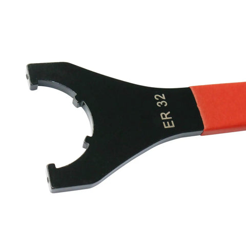 Red Collet Chuck Wrench for ER32 CNC Milling Precision Spanner showing 45mm opening and 10-inch length, high-carbon steel construction.