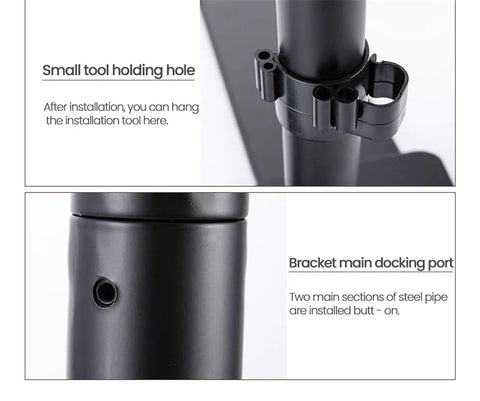 Heavy Duty Quad Arm Desk Mount For Multiple Flat Screens Rock Solid Monitor Bracket showing tool holding hole and docking port details.