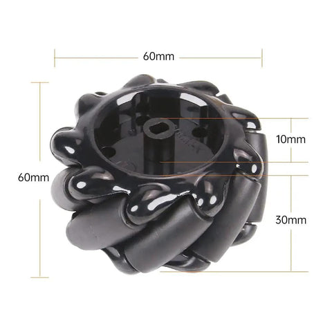 Omni Directional Mecanum Wheel Set 60mm High Hardness Plastic Wheel for DIY Robotic Car Projects, side view with measurements.