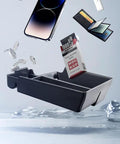 Center Console Organizer Tray For Porsche Cayenne 2018 2023 Armrest Storage Box with items like phone and wallet, floating in air