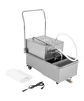 Heavy Duty Commercial Fryer Oil Filter Cart With 55 Gallon Drum And 550 Watt Pump, stainless steel, with drain hose and wheels.