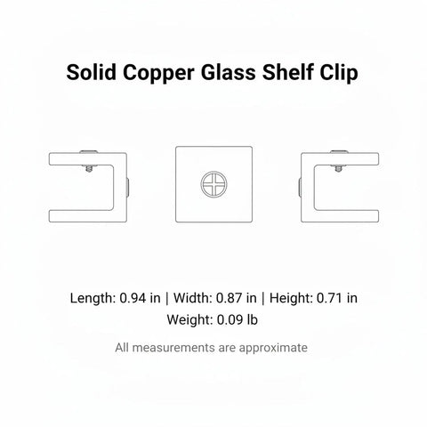 Solid Copper Glass Shelf Clip Surface Mount Bracket For Bathroom Tile Walls And Backsplash Holds Glass Panels dimensions view
