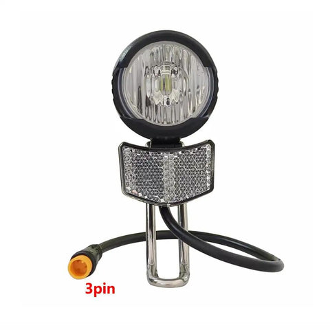 Bright LED Bike Headlight With Built In Horn Waterproof 3 Pin Connector 36V 48V Compatible Front Light For Night Riding MTB And Electric Bicycle Durable All Weather Visibility For Safe Urban Or Off Road Rides