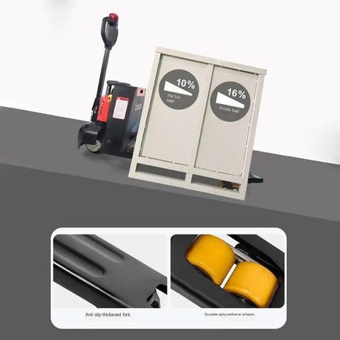 Heavy Duty Electric Pallet Jack With 3300 Lb Capacity And Fast Charging Lithium Battery Designed For Tight Spaces And Serious Warehouse Hauls showing anti-slip fork and polyurethane wheels.
