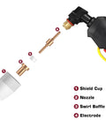Exploded view of PT31 Plasma Cutter Torch components including shield cup, nozzle, swirl baffle, electrode, and handle with 13ft cable.