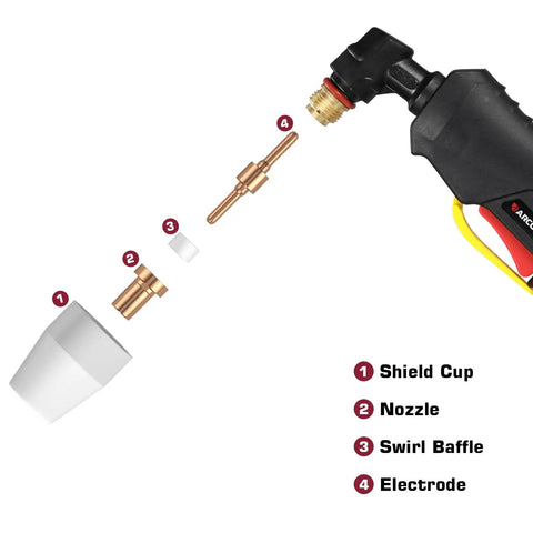 Exploded view of PT31 Plasma Cutter Torch components including shield cup, nozzle, swirl baffle, electrode, and handle with 13ft cable.