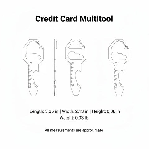 Outline of Metal Card Multitool With Bottle Opener, Flathead Screwdriver, And Hex Adjuster, dimensions listed underneath