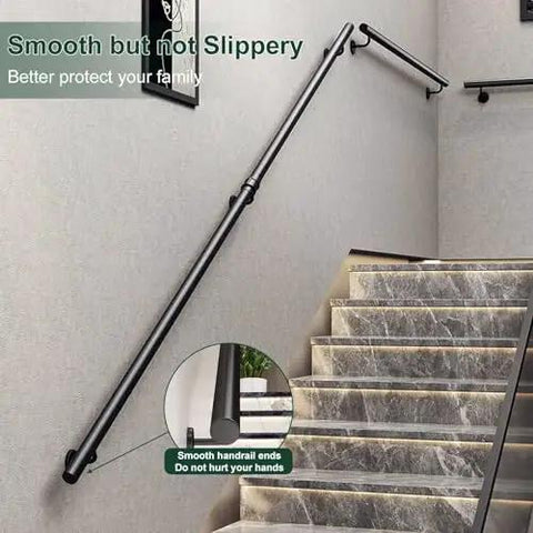 Solid As A Rock Metal Stair Banister Handrail Adjustable Wall Mounted Safety Railing For Indoor Outdoor Steps Tub Grab Bar Heavy Duty Square Tube Steel Built Tough No Fuss Setup For Home Security on a staircase.