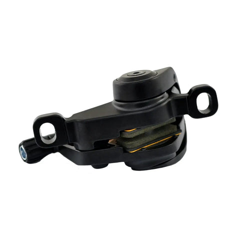 Front And Rear Post Mount Mechanical Disc Brake Set Including Matched Rotors In Classic Black Gold Finish detailed view of brake caliper.