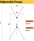 Heavy Duty Adjustable X Banner Stand With Sturdy Aluminum Frame And Durable Travel Case showing adjustable frame dimensions, max 32x78 inches.