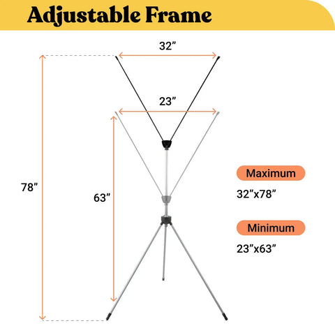 Heavy Duty Adjustable X Banner Stand With Sturdy Aluminum Frame And Durable Travel Case showing adjustable frame dimensions, max 32x78 inches.